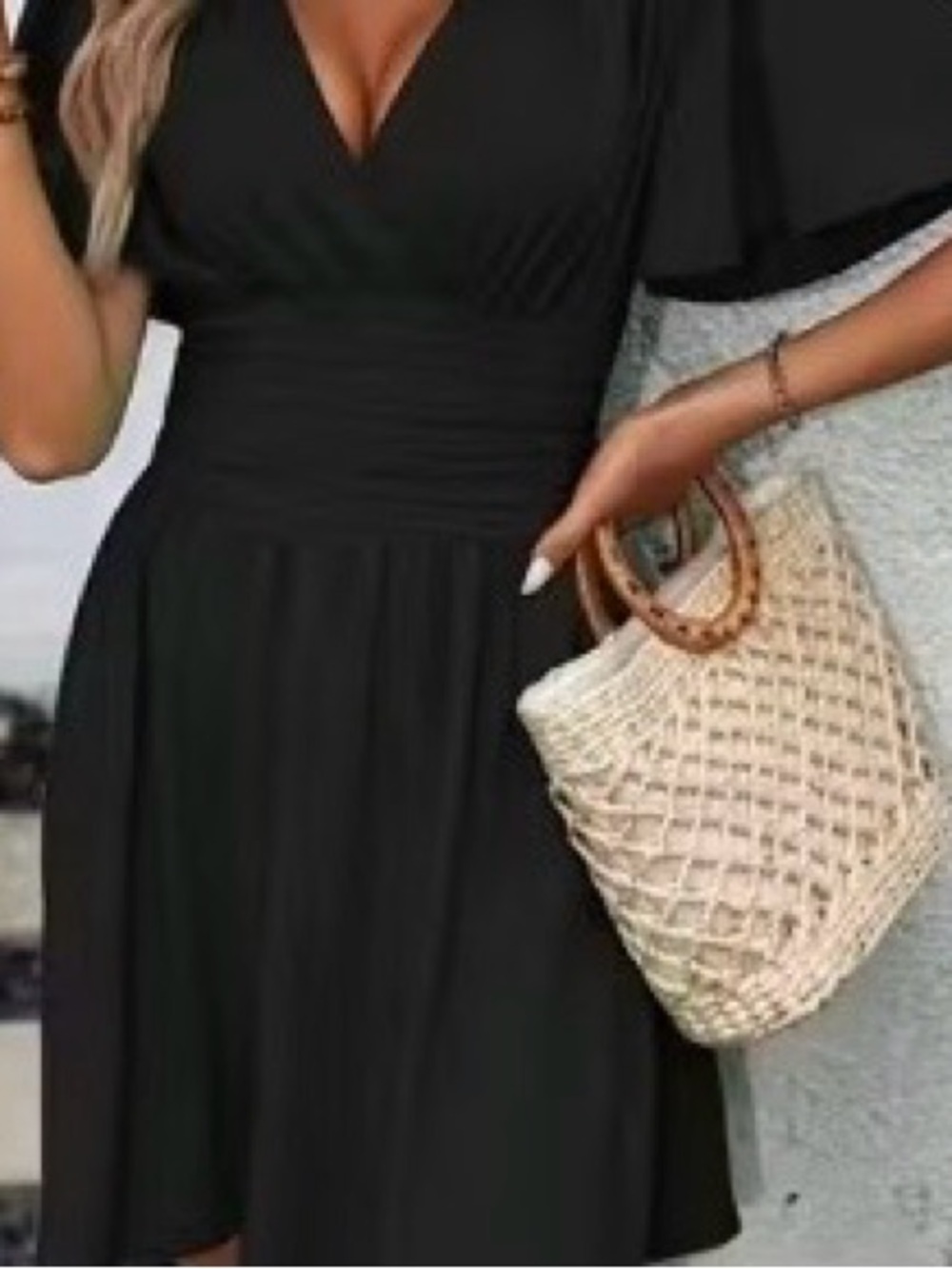 Women’s Black V-Neck Flutter Sleeve Dress